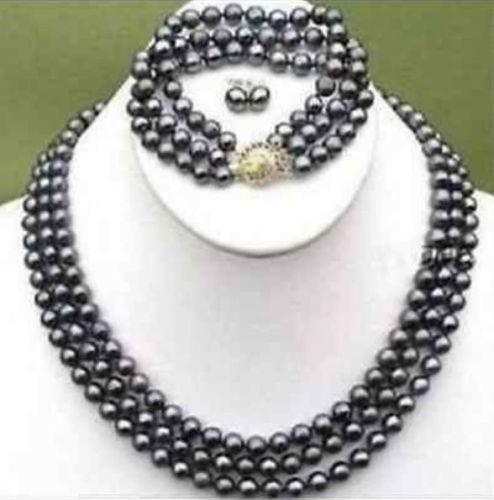 3strands AAA+6-7mm South Sea black Pearl Necklace Bracelet earring set17