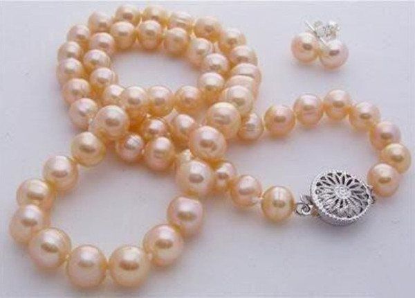 Natural 7-8mm pink akoya cultured pearl necklace earring Jewelry Set 18