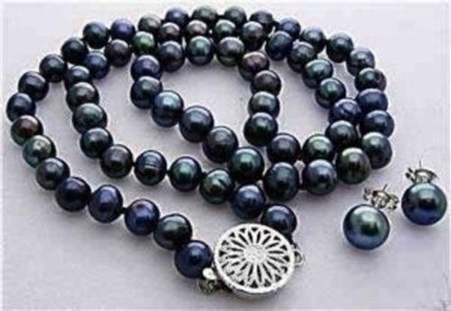 8-9MM Black Akoya Cultured Pearl Necklace +Earring 18