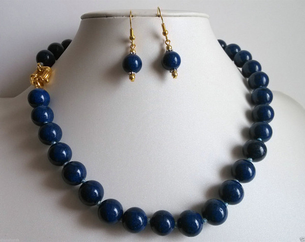 Beautiful 14mm natural blue Lapis lazuli necklace earrings jewelry set