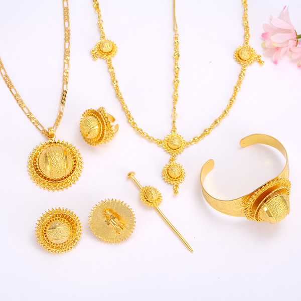 Traditional Ethiopian Bridal Jewelry Sets Big Gold Color hair jewelry 6pcs sets & African jewelry for Ethiopian women