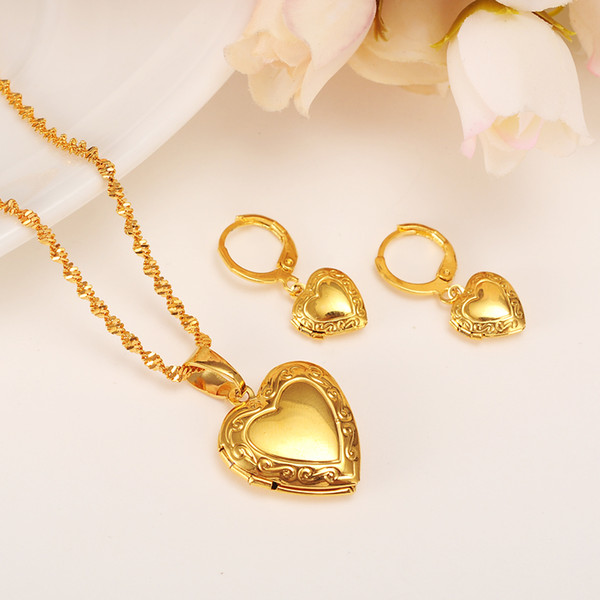 Heart Can Open Allbum Earrings Necklace Set Gold Color Wedding Jewelry Sets For Women Gift