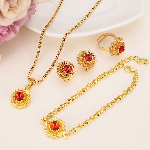 Ethiopian Jewelry red crystal cz Sets Necklaces/Clip Earrings/Ring/BraceletGold Color Africa Bride Wedding Habesha Eritrea Gift