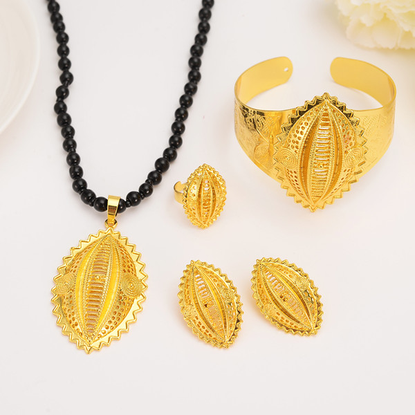 Ethiopian 24K gold color big shell shape Africa Indian bridal Jewelry Set Trendy Women Crystal Ring Earrings Bracelet Pendant bangle set