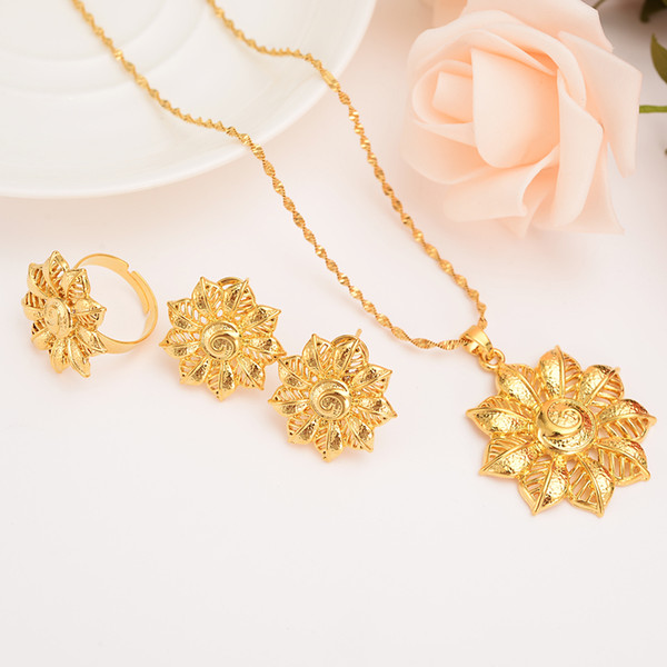 gold Jewelry flower leaf Set Pendant /Chain/Earring/Jewelry Gold Color women Eritrea Habesha Party African girl diy charms kids gift