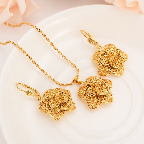 gold flower Pendant sweater Chain Necklaces Earrings Gold Color dubai Jewellery Set Wedding party women girls gifts