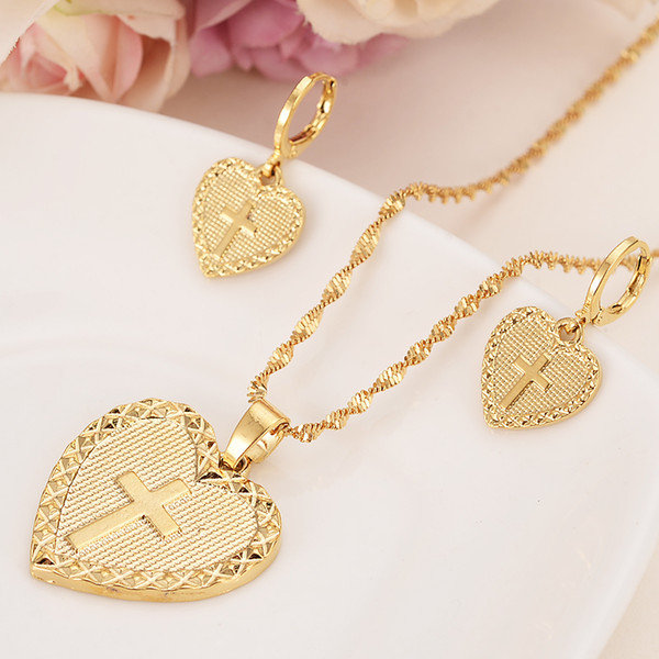 Heart cross Jewelry sets Classical Necklaces Earrings Set Gold Color Brass,Arab/Africa Wedding Bride's Dowry women girls gifts