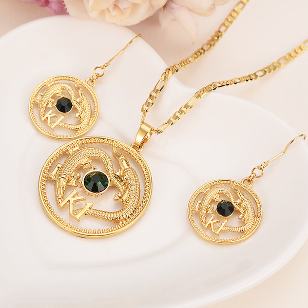 Gold Color Papua New Guinea Coin Pendant Necklaces Earrings With Green Stone PNG Ethnic Jewelry Gifts