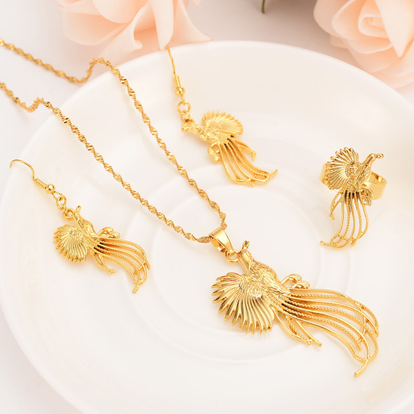 Gold Color long tail bird of paradis Jewelry Set Pendant Necklace Earrings African Jewelry Sets For Women