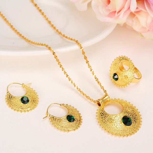 Ethiopian 24K gold color green crystal Africa Indian bridal Jewelry Set Trendy Women Crystal Ring Earrings Bracelet Pendant bangle set