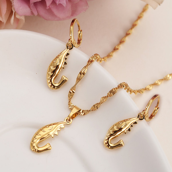 Africa 24k Gold cute shrimp Necklace earrings Trendy women Men Jewelry Charm Pendant Chain Animal Lucky Jewelry sets kids Gift