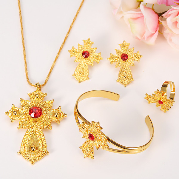 Ethiopian 24K gold color Cross Africa Indian bridal Jewelry Set Trendy Women Crystal Ring Earrings Bracelet Pendant bangle set