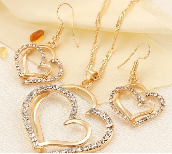 Princess Bride Bridesmaid Romantic Wedding Creative Necklace Earring Set Fashion Luxury Crystal Charm Goldplated Silver Heart Accessories