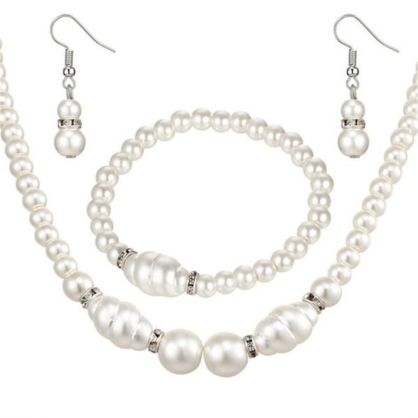 Fashion Trendy Simulated Pearl Jewelry Sets For Women Crystal Necklace Earrings Bracelet Party Wedding Accessories YMNJ841