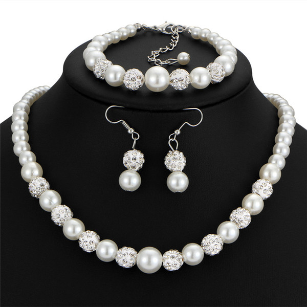 Sliver Color Simulated Pearl Jewelry Sets For Women Vintage Necklace Crystal Earrings Bracelet Party Wedding Accessories YMNJ966