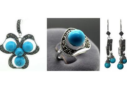 Vintage turquoise blue of marcasite silver ring pendant and earrings sets