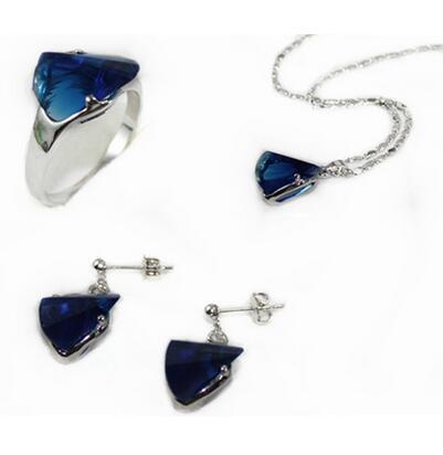 3 colors wholesale Christmas gift red / blue / pink crystal ring chain earrings and pendant jewelry set