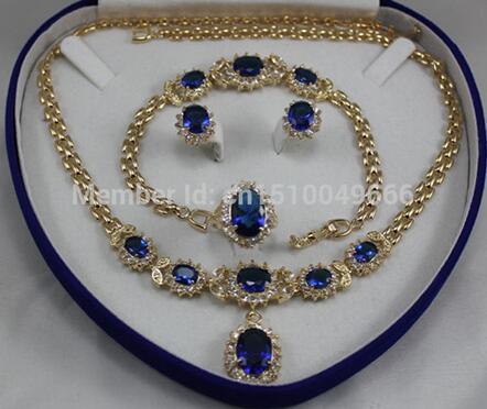 Hot sale free shipping> blue bride jewelry stone zircon-necklace plated earring Ring8 bracelet