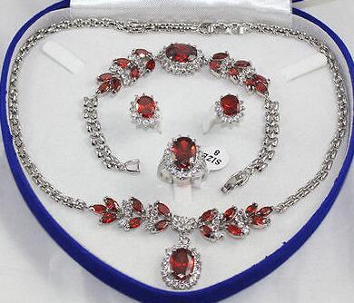 New style hot sale women jewelry red crystal Silver necklace pendant ring bracelet earring fashion wedding party jewelry