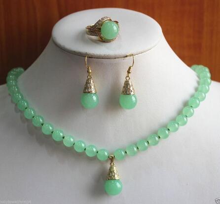 Lovely fashion jewelry 2 colors green jade necklace ring earring set> gold plated wholesale crystal quartz stone