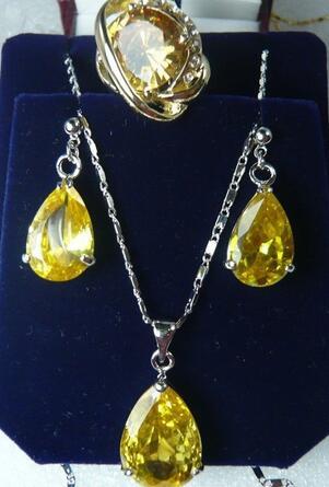 Yellow crystal silver Plated earrings ring pendant jewelry set> wholesale crystal quartz stone