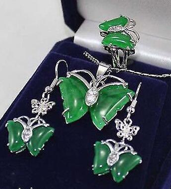 Nuevo estilo caliente venta bastante Bbutterfly verde jade colgante collar pendientes anillo conjunto de moda de fiesta de boda joy