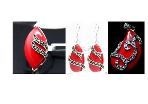 Rojo único tallado laca de marcasita anillo de pendientes y colgante conjuntos de joyas