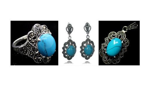 Vintage blue jade sterling silver marcasite ring pendant and earrings sets