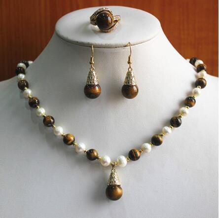 Jewelry set! wholesale noble women white mixed pearl, Tiger Eye, jade necklace earring ring