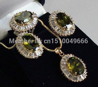 Hot sale free shipping> silver inlaid crystal peridot, necklace, ring, earring, set