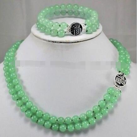 2Rows Natural 8mm Green Jade Gemstones Jewelry Necklace Bracelet Set AAA Grade