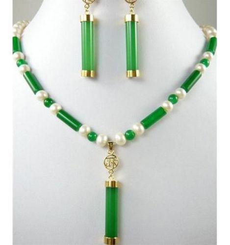 Hot sell ! green/ jade-white pearl necklace +Jasper pendant earring set AAA