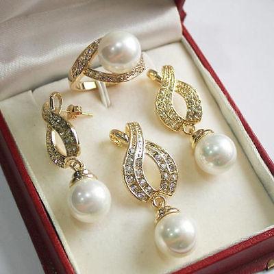 AAA 12mm White Shell Pearl Pendant Necklace Earrings Ring Set No box