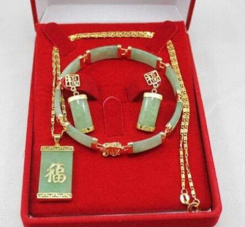 Natural Green Jade 18KWGP Fortune Pendant Necklace Drop Earring Bracelet set