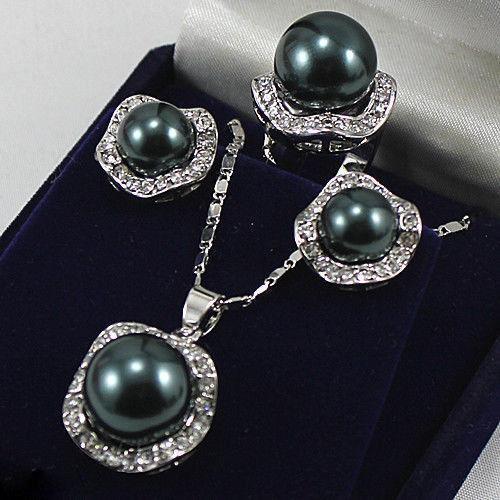 Wedding Jewelry Set South Sea Shell Pearl Earring Necklace Ring WhiteGold Plated