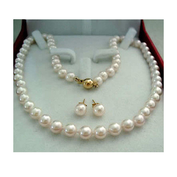 Fashion 8-9mm Natural White Akoya Cultured Pearl necklace earrings set AAA