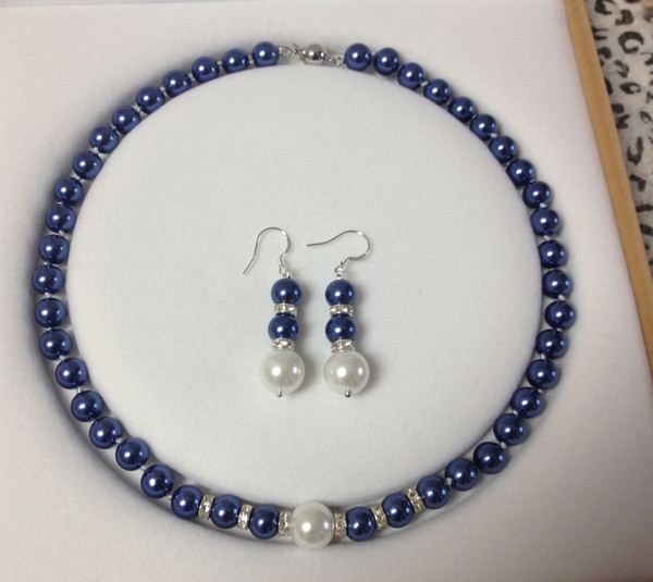 8-12MM Blue/White South Sea Shell Pearl necklace earrings Jewelry set AAA Grade