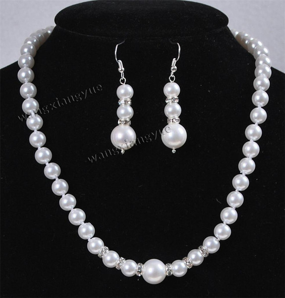 Fashion 8-12MM White Akoya Shell Pearl Round Beads Necklace + Earrings set