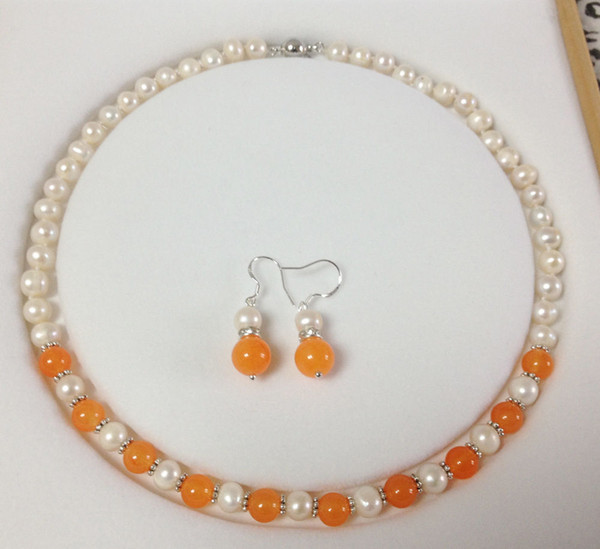 Natural 7-8mm White Pearl/Tibet silver/Orange Jade necklace earrings set