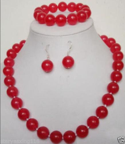 Natural 12MM red jade necklace bracelet earrings set