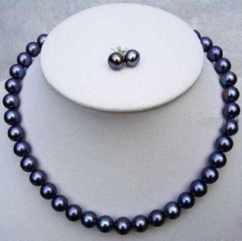 BEAUTIFUL AAA 8-9mm south sea black pearl necklace + earrings