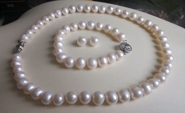 NEW 9-10MM White Freshwater Cultured Pearl Necklace Bracelet Earrings Set 18