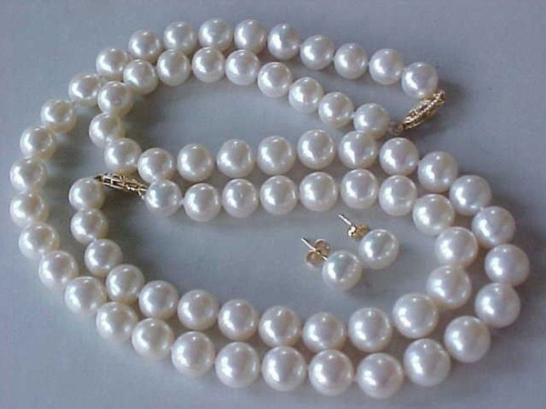 AA 9-10MM AAA GENUINE WHITE AKOYA PEARL NECKLACE BRACELET & EARRINGS SET 18