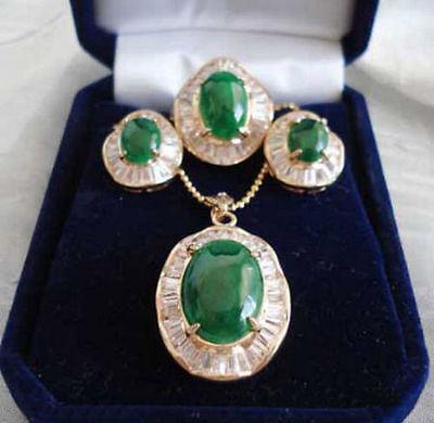 Emerald Green Jade 18KGP Cubic Zirconia Pendant Necklace Earrings Ring Sets