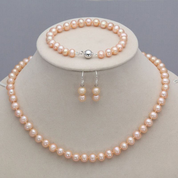 8-9mm Pink Natural Freshwater Pearl Necklace Bracelet Earrings Jewelry Set