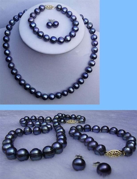 8-9mm Real Natural Black Cultured Pearl Necklace Bracelet Earrings Jewelry Set