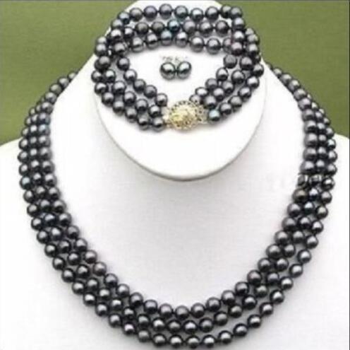 ELEGANT 3 ROWS BLACK 6-7MM TAHITIAN PEARL NECKLACE BRACELET EARRING SET