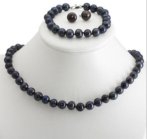 8-9mm Black Freshwater Cultured Pearl Necklace Bracelet & Earrings Set