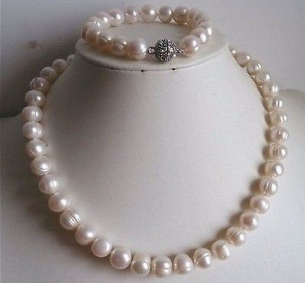 9-10mm White freshwater Cultured Pearl Necklace Bracelet Set 18