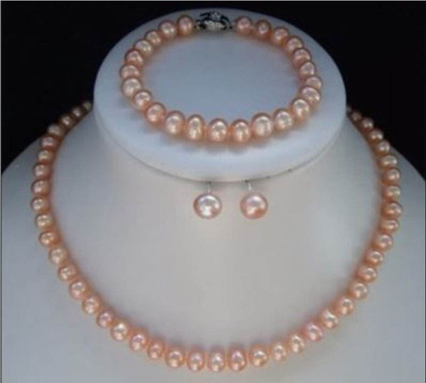 Faddish 8-9MM Natural Pink Akoya Cultured Pearl bracelets necklace earrings set